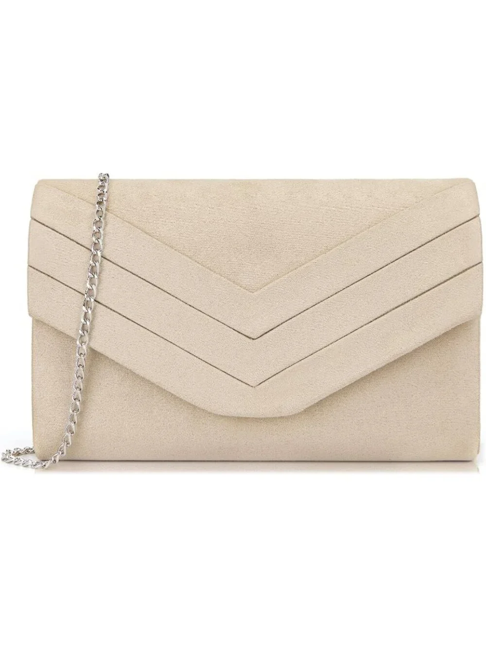 Women's Beige Suede Pleated Clutch Purse For Evening Cross Body Bag Chain
